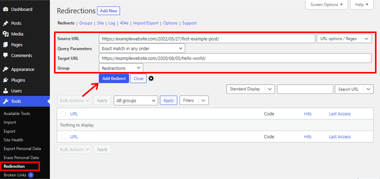 Navegue pelas ferramentas de redirecionamento para adicionar redirecionamentos