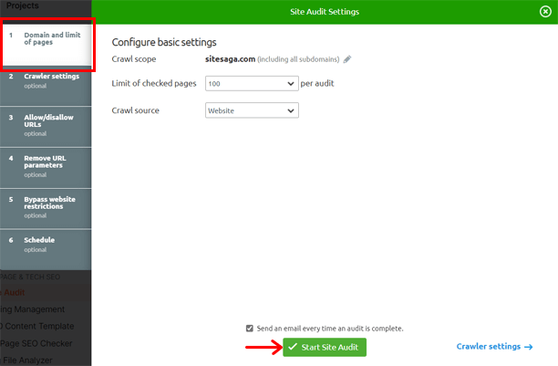 Configuración de auditoría del sitio