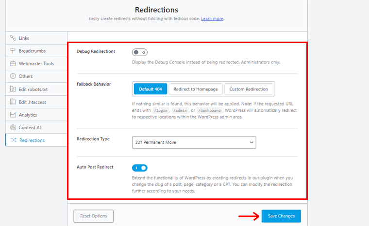 Configure los ajustes de redirecciones y haga clic en Guardar cambios