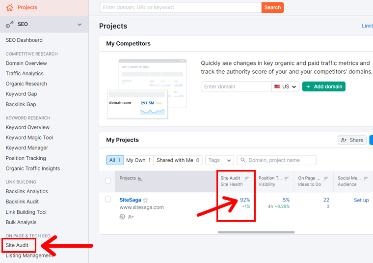 Projetos Semrush e ferramenta de auditoria de sites