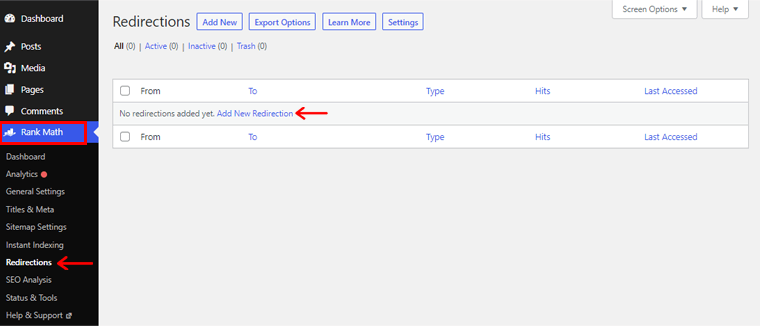 Vai a Rank Math Redirection per aggiungere un nuovo reindirizzamento