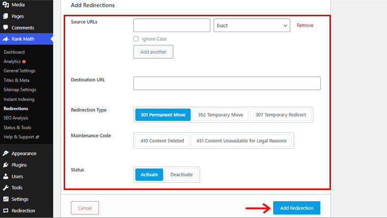 Inserisci i dettagli richiesti per il reindirizzamento e fai clic su Aggiungi opzione di reindirizzamento