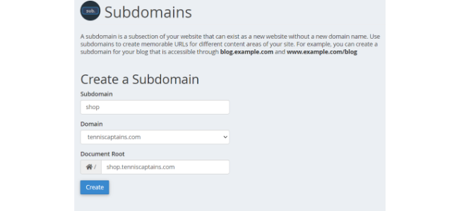 Gambar backend Hostgator, menampilkan halaman pembuatan subdomain.