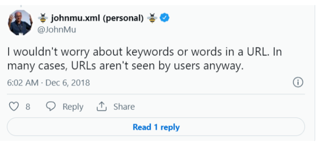 Tweet dari John Mu tentang penggunaan kata kunci di URL.