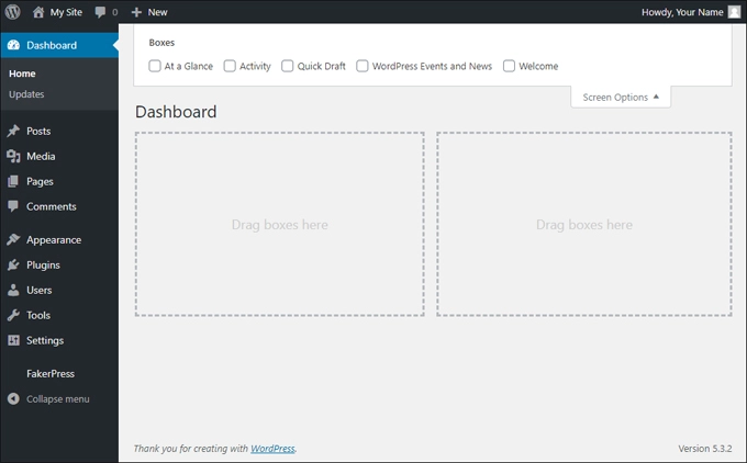 WordPress-Dashboard mit allen ausgeblendeten Informationsfeldern.