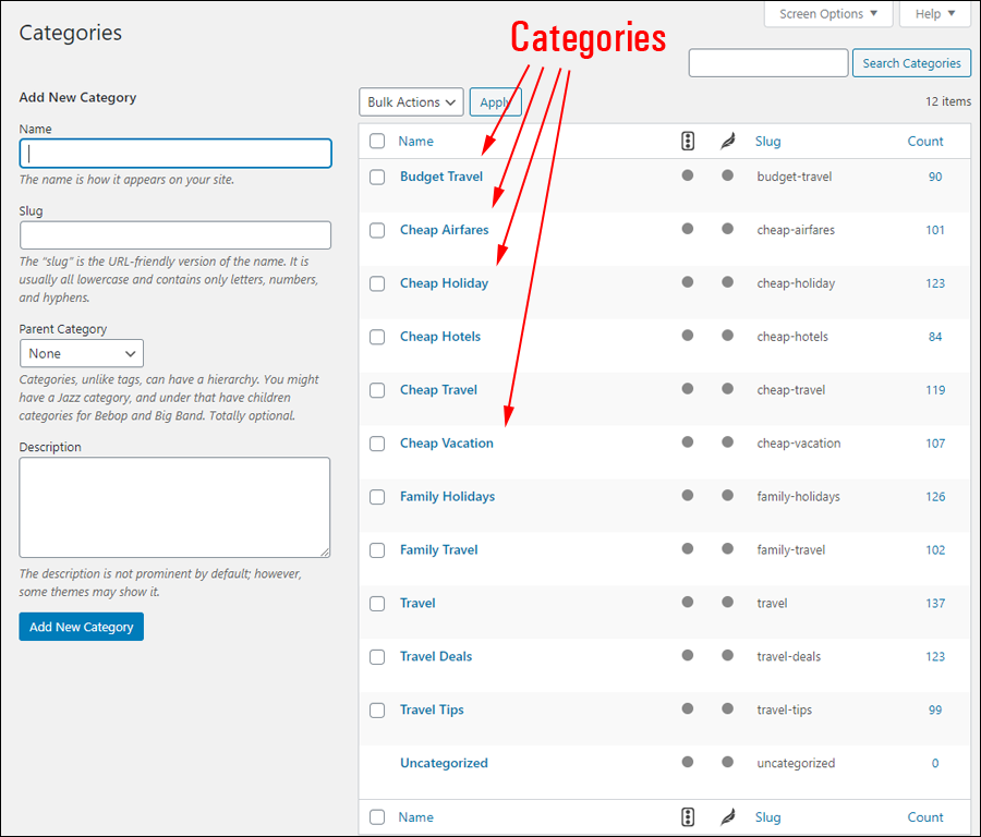 Ecranul categoriilor de postări WordPress.