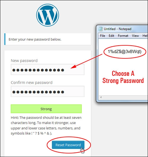 Schermata di reimpostazione della password di WordPress.