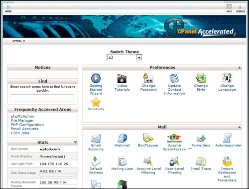 Ecranul zonei de administrare cPanel.