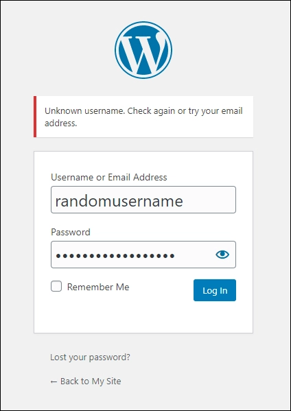 Nama pengguna yang salah dimasukkan ke dalam login WordPress.