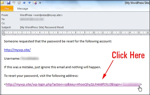 Email di notifica per la reimpostazione della password.