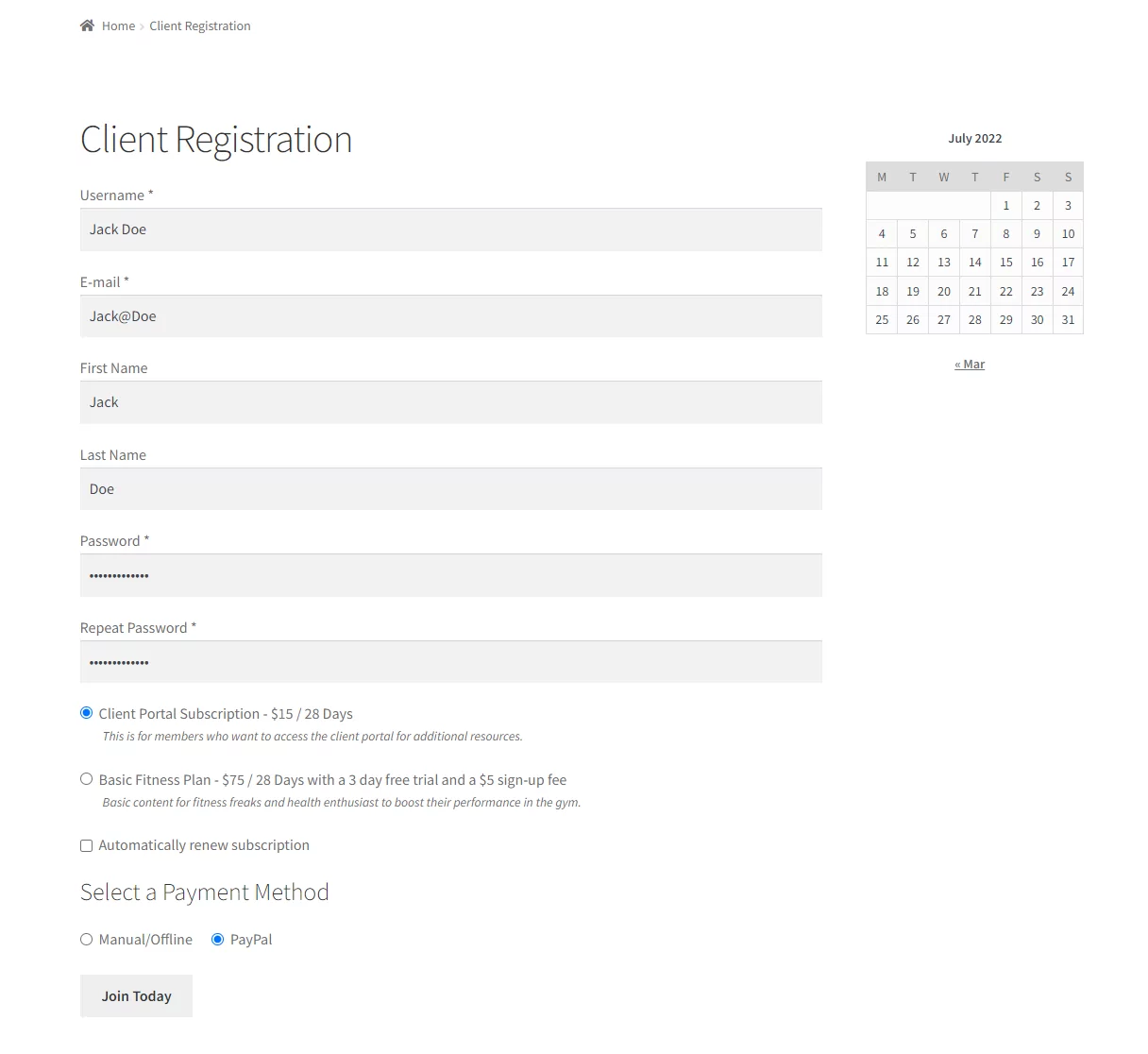 Modulo di registrazione del cliente