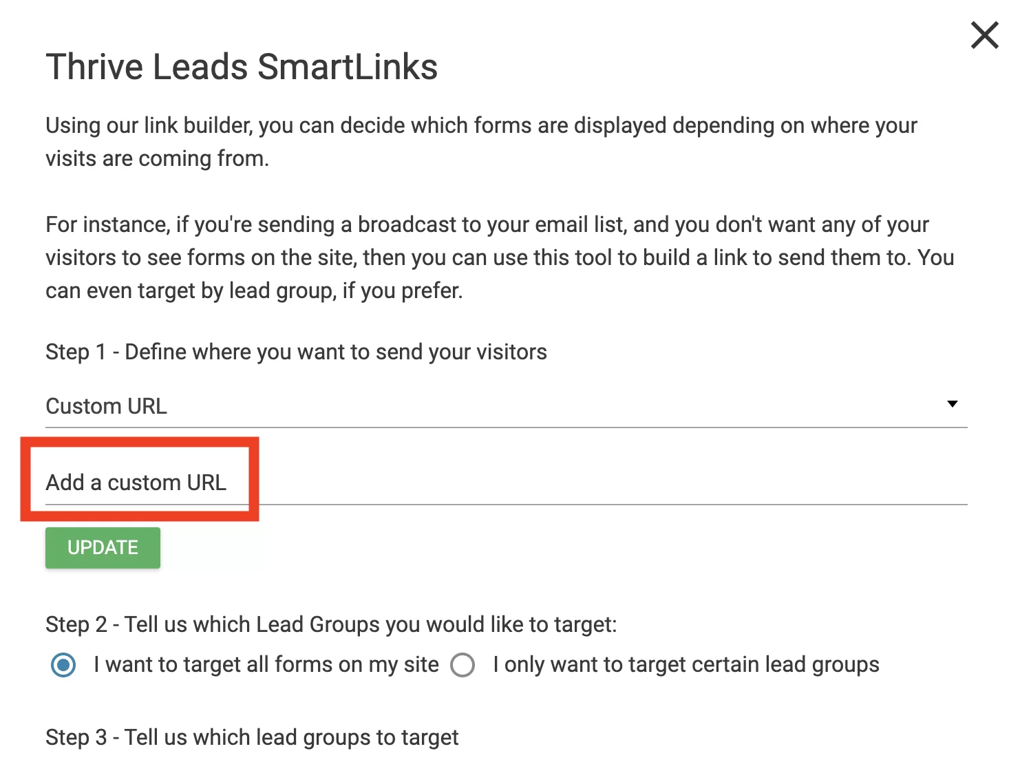 Adicione um URL personalizado no Thrive Leads Smart Links.