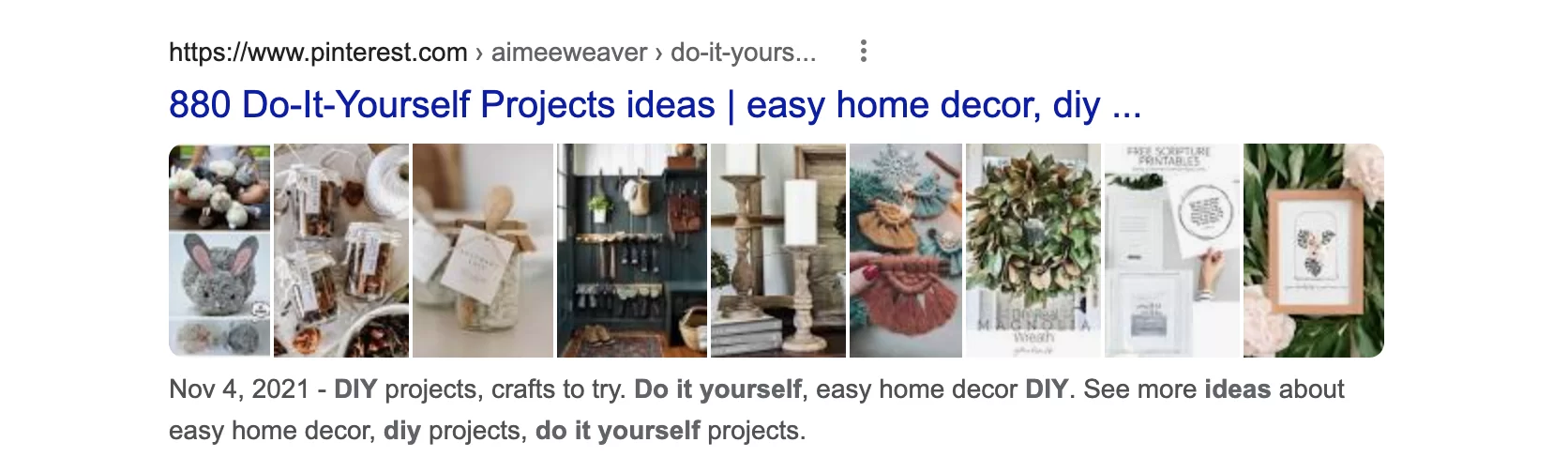 Pinterest는 "do it yourself Ideas"를 입력할 때 Google 검색 결과에서 3위를 차지했습니다.