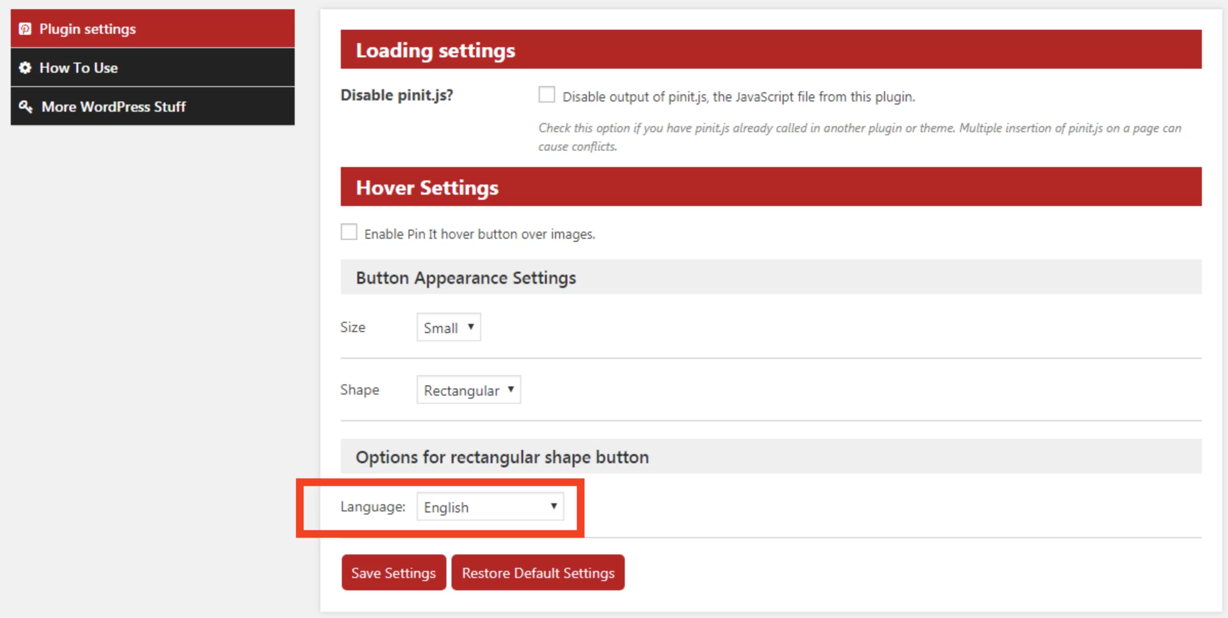 Configurações de idioma para o plugin PI Button no WordPress.