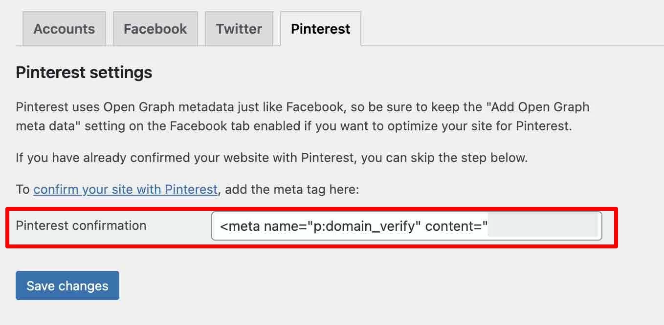 Konfirmasi Pinterest di WordPress dengan plugin Yoast SEO.