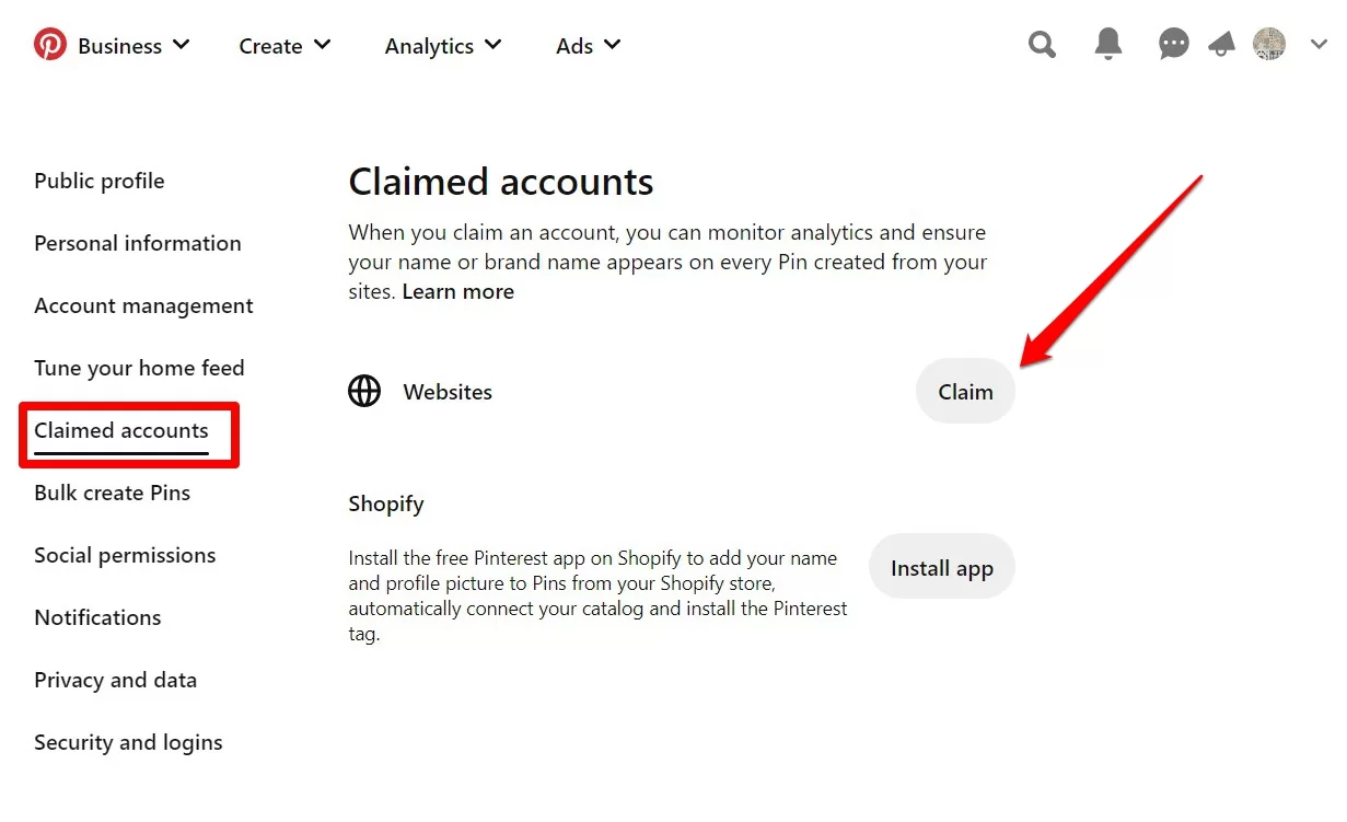 Pinterest memungkinkan Anda untuk mengklaim akun.