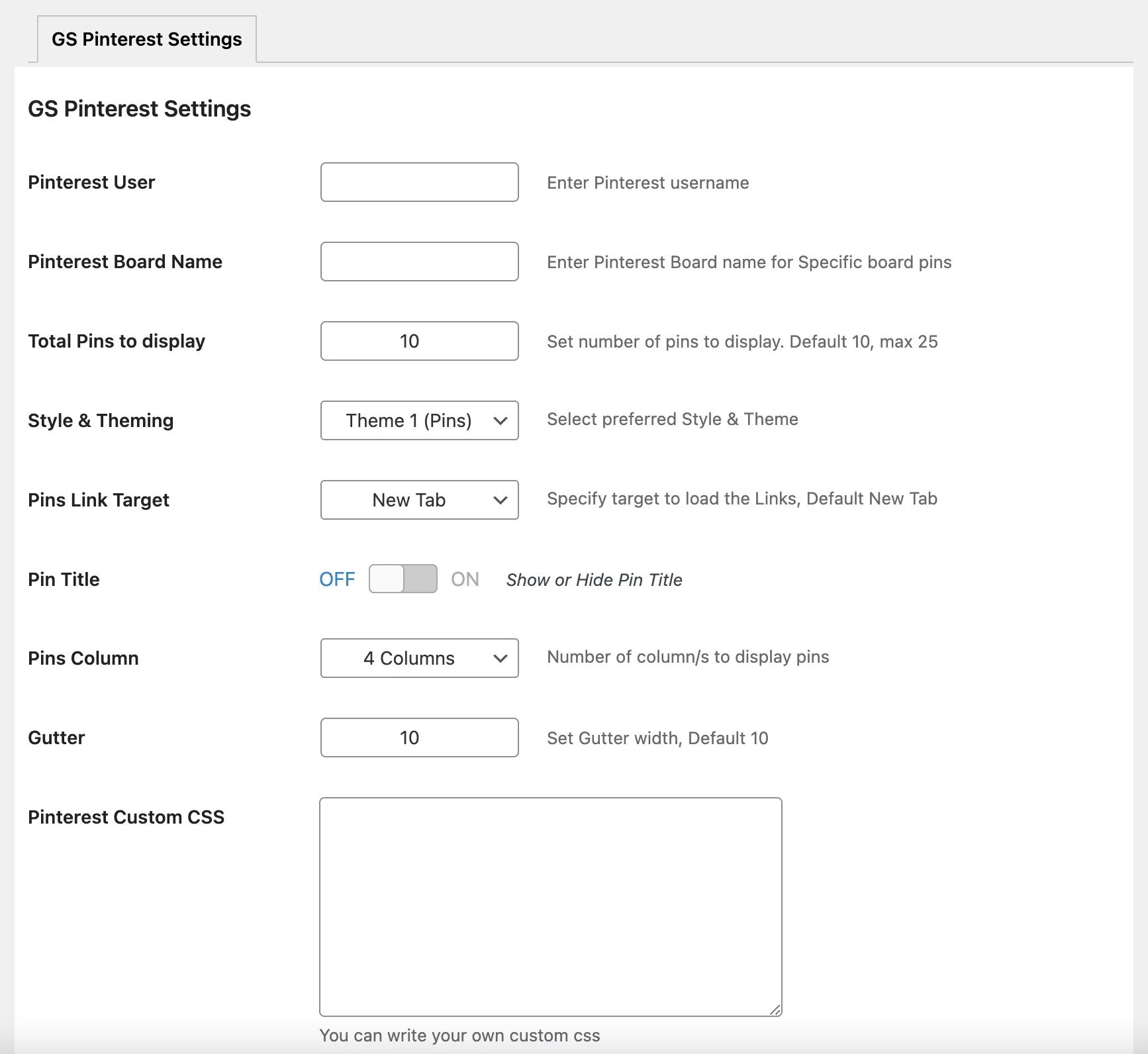 Configurações do plugin GS Pins para Pinterest.