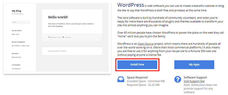 1 click install wordpress softaculous