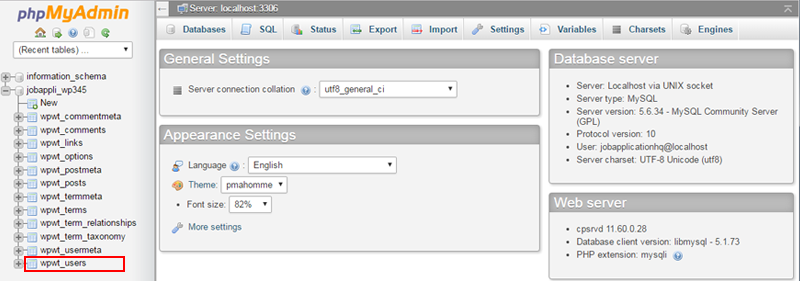 phpmyadmin wordpress database