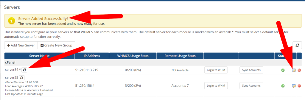 WHMCS 中新服務器添加成功