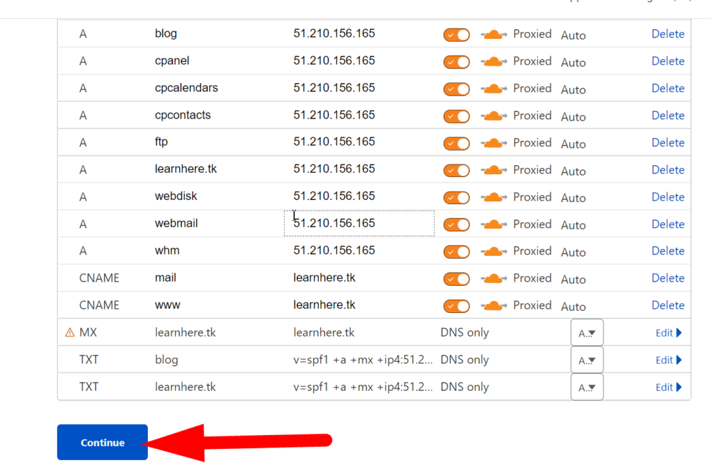 ตรวจสอบ DNS และกดปุ่มดำเนินการต่อ - redserverhost