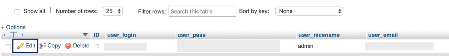 mysql edit wordpress password table