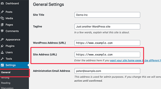 WordPress General Settings page