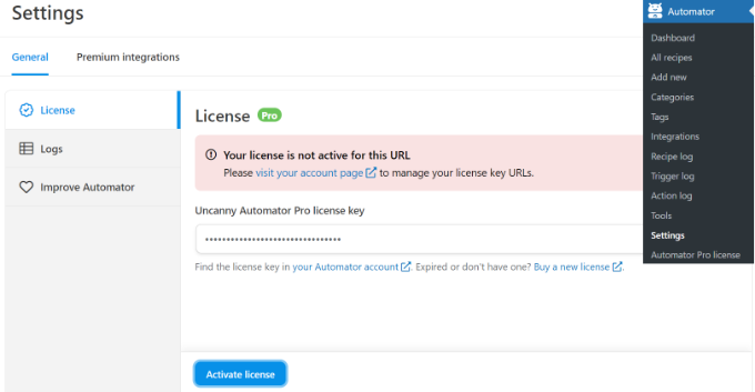 Enter Uncanny Automator license key