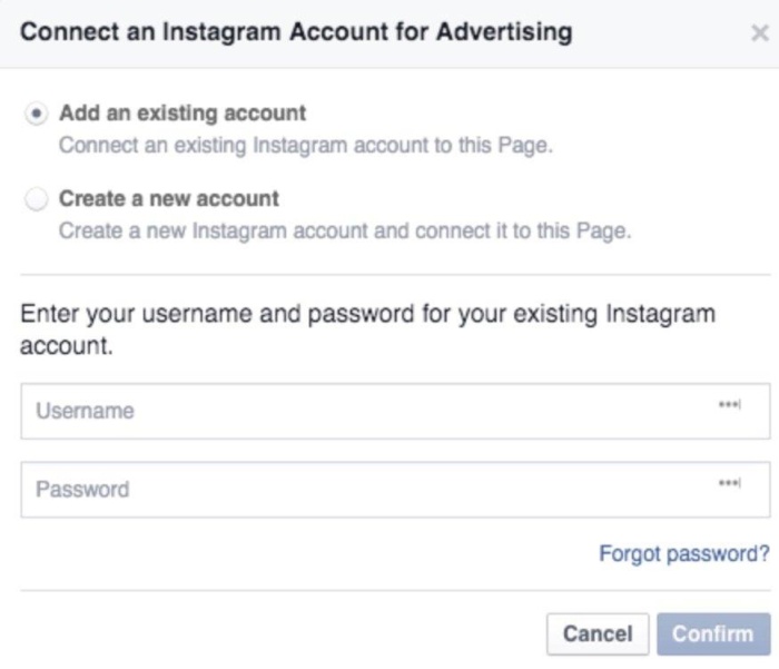 Facebook 中“为广告连接 Instagram 帐户”屏幕的图像。