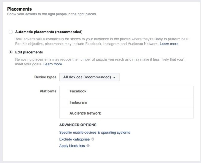Изображение экрана мест размещения в Facebook Ads.