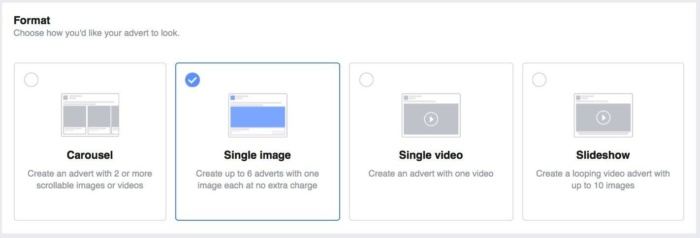 Изображение экрана формата в Facebook Ads.