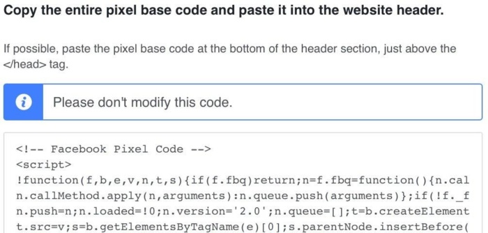 Строка кода для использования в заголовке веб-сайта для пикселей Facebook.