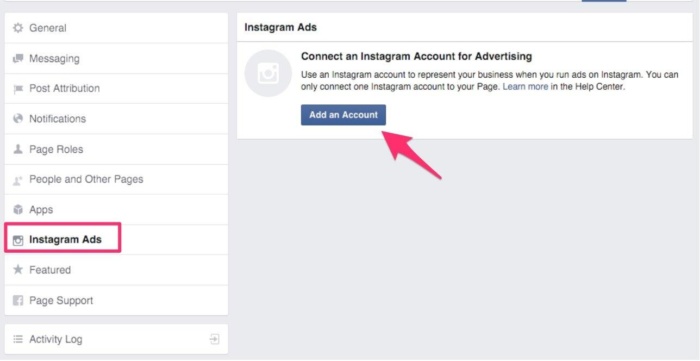 Изображение, показывающее, как настроить рекламу в Instagram на странице настроек Facebook.