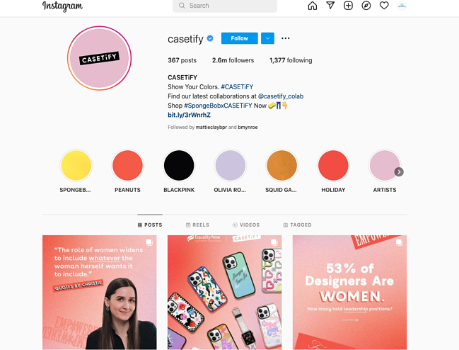 在 Instagram 上发布的内容类型：Casetify Instagram 页面