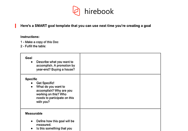 smart goal worksheet template: hirebook's smart goals template