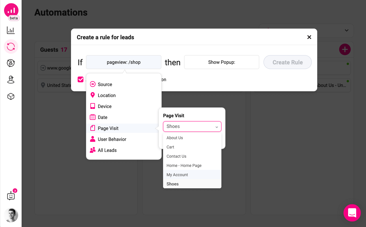 como personalizar o site - Growmatik - condição de visita à página