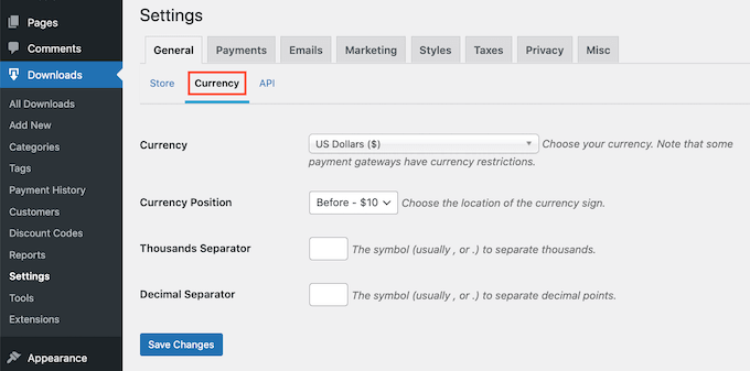 The Easy Digital Downloads currency settings