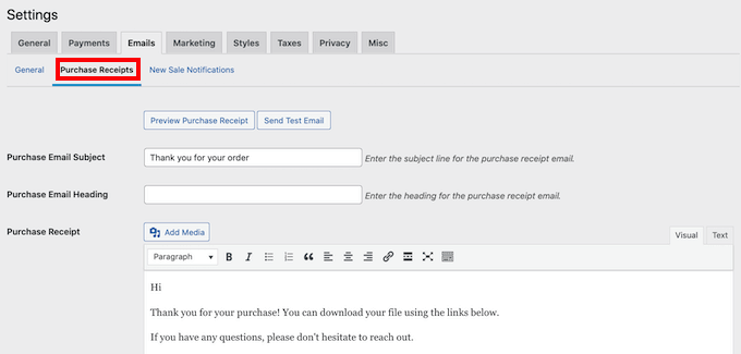 Customizing the purchase receipt email