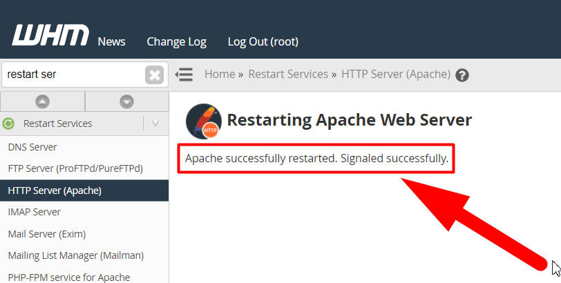 Serverul web Apache a fost repornit cu succes