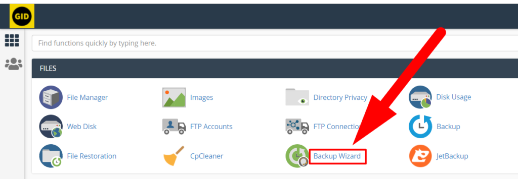 Secțiunea Backup Wizard din cPanel