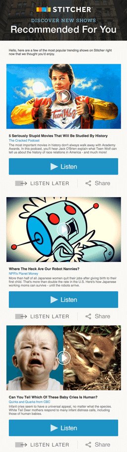 电子邮件营销活动示例：Stitcher — «为您推荐»