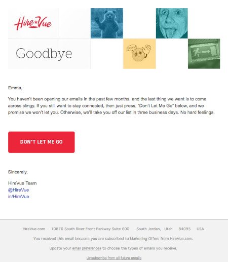 电子邮件营销活动示例：Hirevue — «别让我走»