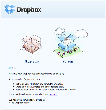 电子邮件活动示例：Dropbox — «最近你的 Dropbox 感觉有点孤单»