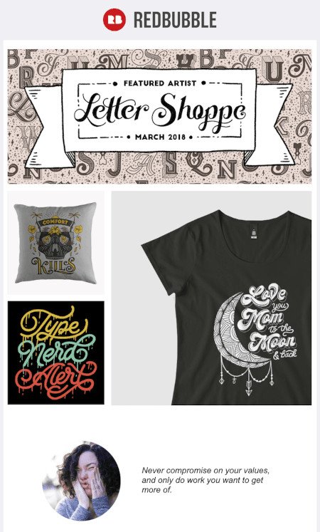 电子邮件营销活动示例：RedBubble — «特色艺术家：Letter Shoppe»