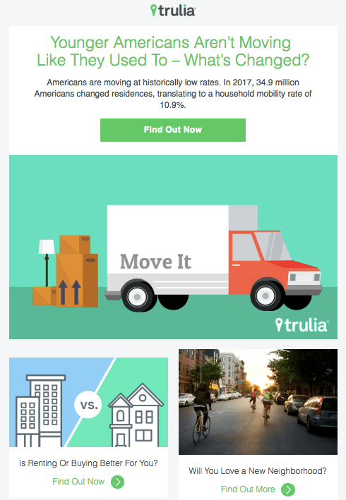 电子邮件营销活动示例：Trulia - “年轻的美国人没有像以前那样移动 - 发生了什么变化？”