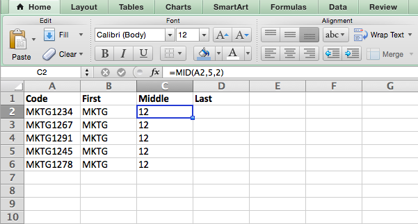 Excel 中的 MID 公式