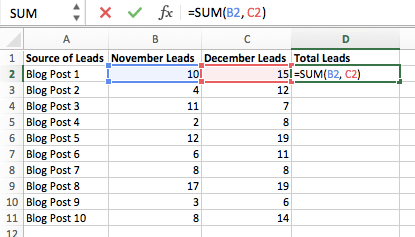 在 Excel 电子表格的 C 列中输入 SUM 公式以查找单元格B2 和C2 的总和。