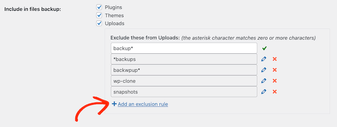 Creating exclusion rules for a WordPress backup