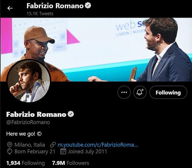 Аккаунт опытного пользователя Twitter: fabrizio romano