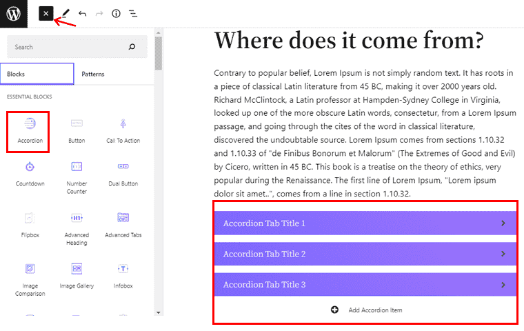 إضافة قالب WordPress Accordion من الكتل الأساسية لـ Gutenberg